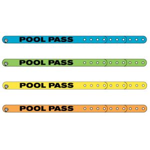 Pool Pass Wristbands available in Blue, Green, Orange, and Yellow