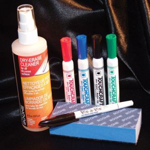 Contains 5 markers, one eraser & cleaning solution.