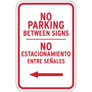 No Parking Signs - English/Spanish Between Left Arrow