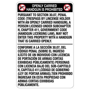 Warning Signs - No Open Carry Texas Bilingual Black & White