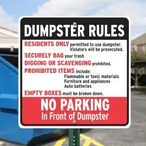 Dumpster Rules Signs - "No Parking in Front"