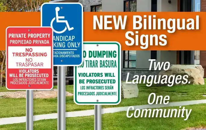 New English/Spanish Bilingual Signs for Apartment Communities. Two Languages, One Community.