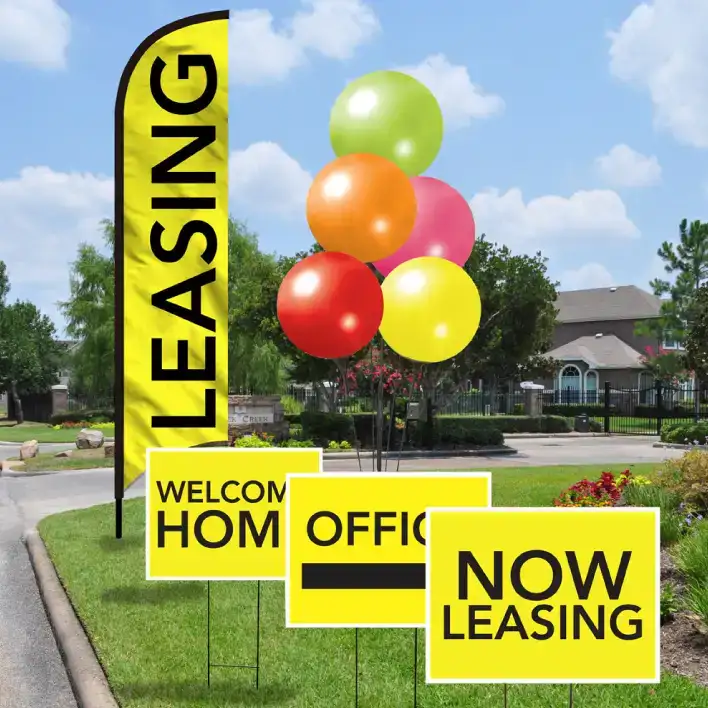 Apartment marketing neon curb appeal kit with leasing signage and balloons.