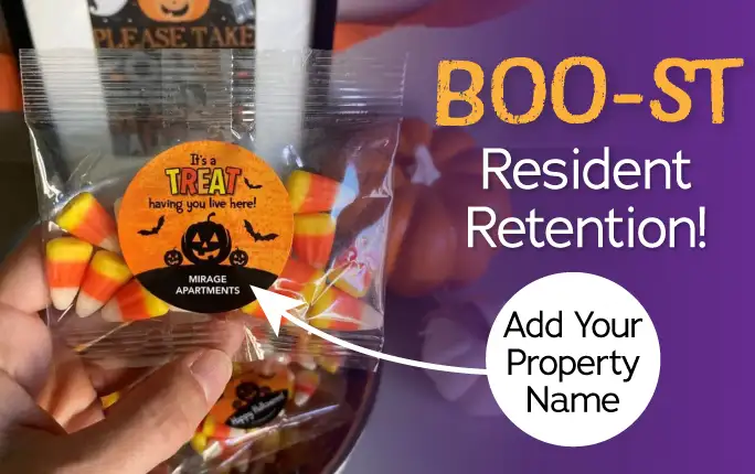 New Products Boost resident retention with Halloween Custom Candy Favors - add your property name & no assembly required!