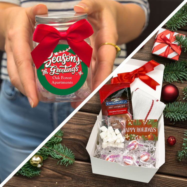 Christmas Gifts for Apartment Residents Personalized candy favors, candy jars and holiday cheer prepackaged gift boxes with your property name.