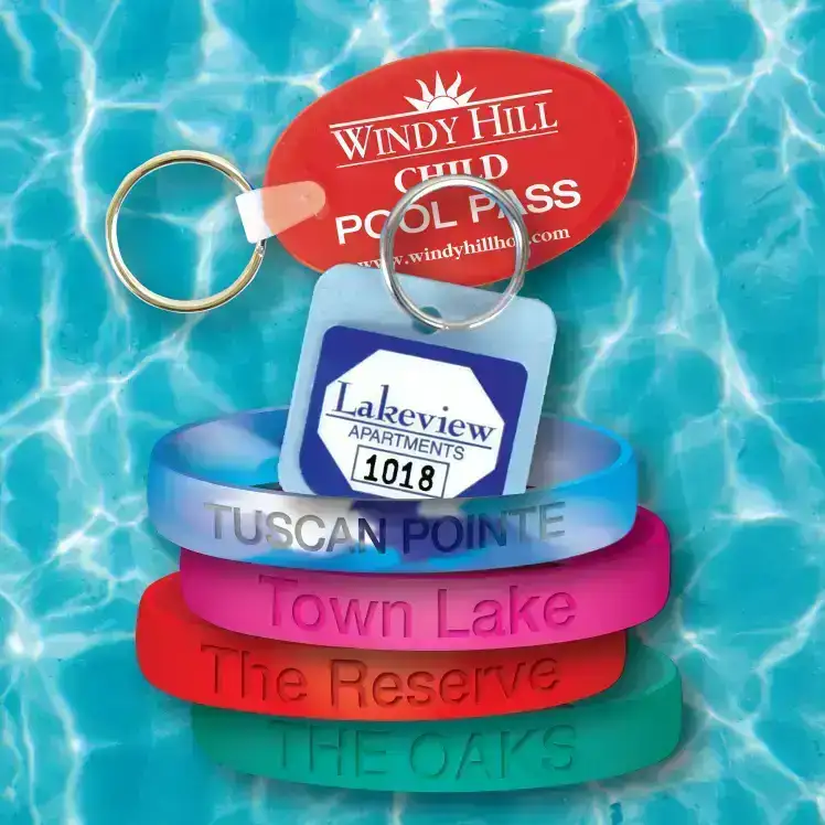 Add your property name to our Custom Silicone Pool Pass Wristbands, Custom Water Drop Pool Passes, and Custom Key Tag Pool Passes with no set up fees!
