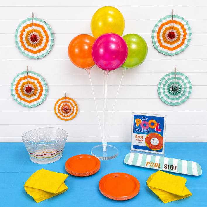 Scene of colorful party decor kit with Reusable Tabletop Balloons. 