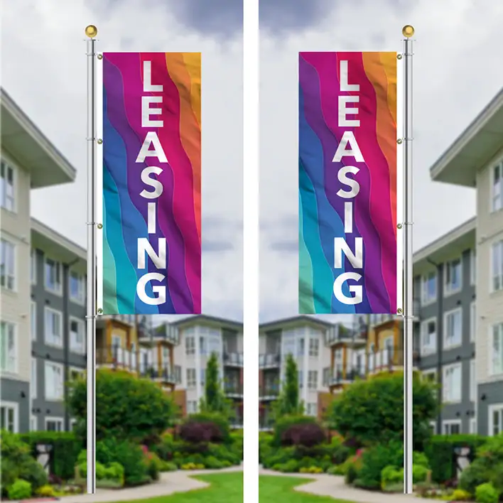 Double-sided vertical flags displaying leasing message.