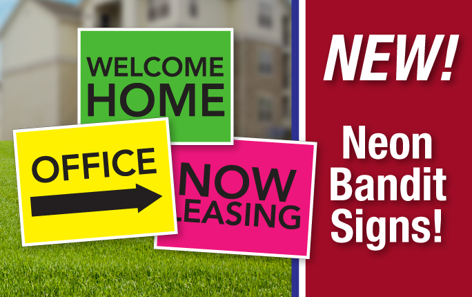 Yellow, Pink, and Green Neon Bandit Signs with leasing messages. The image says Discover our NEW Neon Marketing Collection featuring Bandit Signs, Wave Flags, and more!