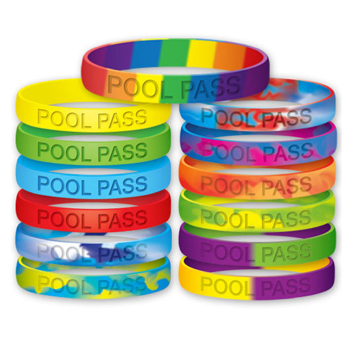 Silicone Pool Pass Wristbands debossed and available in 29 color combinations.